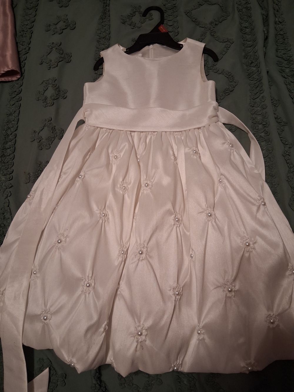 Girls White Pearl Embellished Satin Dress